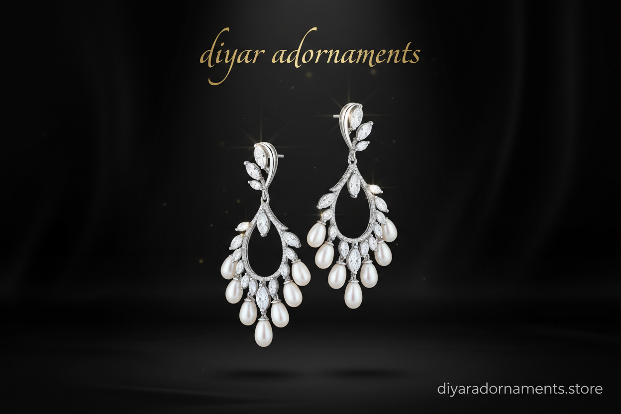 create a jewellery templete, make sure background is low black and mention upr center "diyar adornaments" and mention diyaradornaments.store in right corner, mention any ear ring jewelry must, and follow my upper instruction as i say
